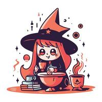 mignonne dessin animé fille dans sorcière costume avec la magie potion. vecteur illustration.