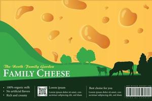 étiquette d'emballage de fromage frais avec paysage rural, vaches et veaux vecteur
