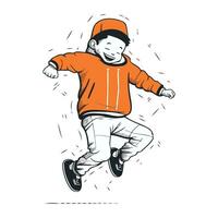 une garçon dans une rouge casquette et Orange sweat-shirt est sauter. vecteur illustration.
