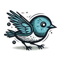 main tiré vecteur illustration ou dessin de une mignonne dessin animé bleu mésange oiseau