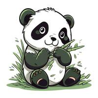 mignonne Panda séance sur herbe et en portant bambou. vecteur illustration.