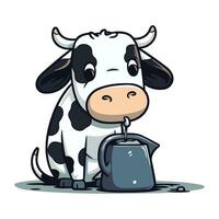mignonne dessin animé vache en buvant Lait de une bouilloire. vecteur illustration.