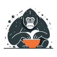 gorille est assis et mange de une bol. vecteur illustration.