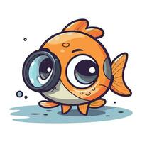 mignonne dessin animé poisson rouge avec grossissant verre. vecteur illustration.