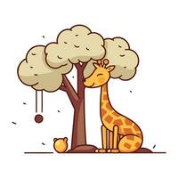 mignonne dessin animé girafe et arbre. vecteur illustration dans griffonnage style.