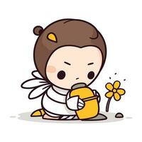 mignonne peu abeille avec arrosage pouvez mignonne bébé abeille dessin animé vecteur