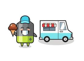 caricature de mascotte de batterie avec camion de crème glacée vecteur