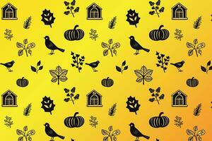 une Jaune Contexte avec noir des oiseaux, citrouilles, feuilles, et maison vecteur