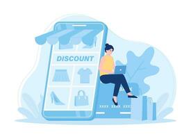 femme séance sur une crédit carte achats en ligne concept plat illustration vecteur