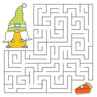 action de grâces journée Labyrinthe Jeu pour enfants. mignonne gnome à la recherche pour une façon à le citrouille tarte. content action de grâces. griffonnage dessin animé style. imprimable feuille de travail. vecteur dessin animé illustration pour imprimer.