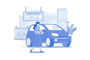 une femme charge une voiture électrique au centre d'alimentation vecteur