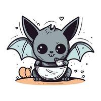 mignonne dessin animé chauve souris avec une tasse de thé. vecteur illustration.