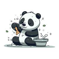 Panda avec une seau de l'eau et une brosse. vecteur illustration