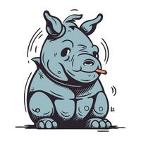 mignonne dessin animé rhinocéros fumeur une cigarette. vecteur illustration.