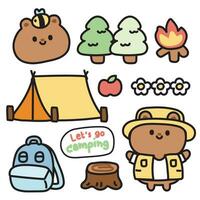 ensemble de mignonne nounours ours dans camping concept dessin animé design.wild animal personnage design.tree, pomme, tente, bois main dessiné.kawaii.vector.illustration. vecteur