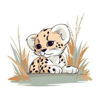 mignonne dessin animé guépard séance dans herbe. vecteur illustration.