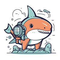 mignonne dessin animé requin avec une caméra et une plongée masque. vecteur illustration.