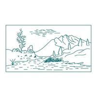 branché Montagne colline avec Lac rivière ruisseau marais paysage vue ligne contour style illustration vecteur