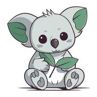 mignonne dessin animé koala avec une vert feuille. vecteur illustration.