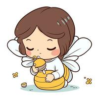 illustration de une peu fille en portant une mon chéri abeille et une nid d'abeille vecteur