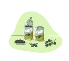 noir olive branches, en conserve Olives, et ouvert en conserve Olives. isolé vecteur illustration.