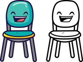 content chaise dessin animé mascotte vecteur illustration, chaise avec une content visage Stock vecteur image, coloré et noir et blanc ligne art