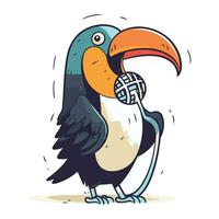 mignonne dessin animé toucan avec microphone. vecteur illustration sur blanc Contexte.