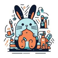 vecteur illustration de mignonne dessin animé lapin avec cosmétique des produits. linéaire style.