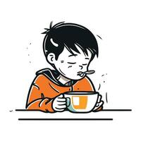 garçon en mangeant une tasse de thé. vecteur main tiré dessin animé illustration.