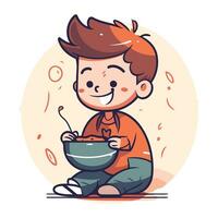 mignonne peu garçon séance sur le sol et en mangeant soupe. vecteur illustration.