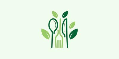 santé en mangeant logo conception avec une combinaison de cuillère et fourchette formes avec feuilles. vecteur