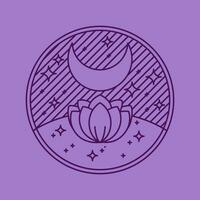 mystique violet boho logo. nuit lotus avec lune et étoiles dans le ciel rond forme esthétique icône. vecteur