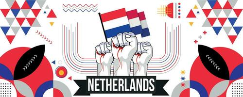 Pays-Bas nationale ou indépendance journée bannière pour pays fête. drapeau et carte de nederland avec élevé poings. moderne rétro conception avec abstrait géométrique Icônes. vecteur illustration.