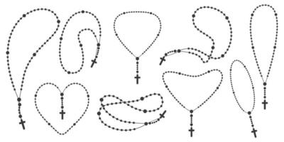 ensemble de silhouettes de perles de chapelet. bijoux en forme de coeur de prière pour la méditation. chapelet catholique avec une croix. symbole religieux. illustration vectorielle. vecteur