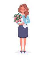 femme avec bouquet. félicitations pour la fête des mères, la fête des enseignants vecteur