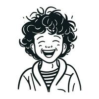 vecteur noir et blanc illustration de une souriant garçon avec frisé cheveux.