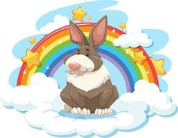 lapin mignon sur le nuage avec arc-en-ciel vecteur