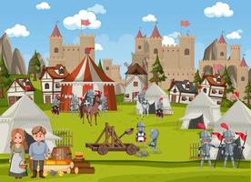 scène de ville médiévale avec des villageois vecteur