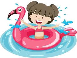 jolie fille avec anneau de natation flamant rose dans l'eau isolée vecteur