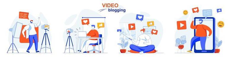 le concept de blog vidéo définit des scènes isolées de personnes dans un design plat vecteur