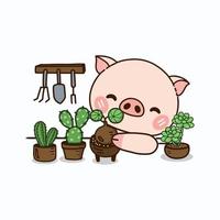 petit cochon plantant un jardin. personnage de dessin animé mignon. vecteur