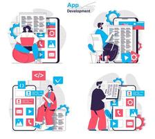 le concept de développement d'applications définit des scènes isolées de personnes dans un design plat vecteur