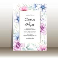 modèle de carte d'invitation de mariage romantique avec des fleurs à l'aquarelle vecteur