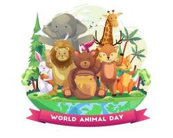les animaux mignons sont heureux d'accueillir l'illustration vectorielle de la journée mondiale des animaux vecteur