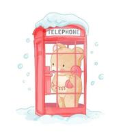 ours mignon dans l'illustration de la cabine téléphonique enneigée vecteur