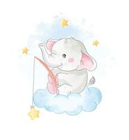 dessin animé mignon éléphant sur le nuage avec illustration d'étoiles vecteur