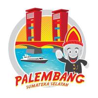 mascotte de poisson chitala avec pont ampera illustration isolée palembang vecteur