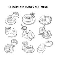 menu de desserts et de boissons, croquis de dessin vectoriel noir et blanc