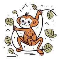 mignonne dessin animé singe séance sur le corde avec feuilles. vecteur illustration.