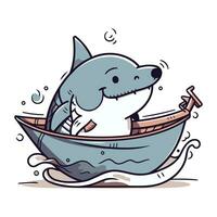 dessin animé requin dans une bateau. vecteur illustration de une dessin animé requin.